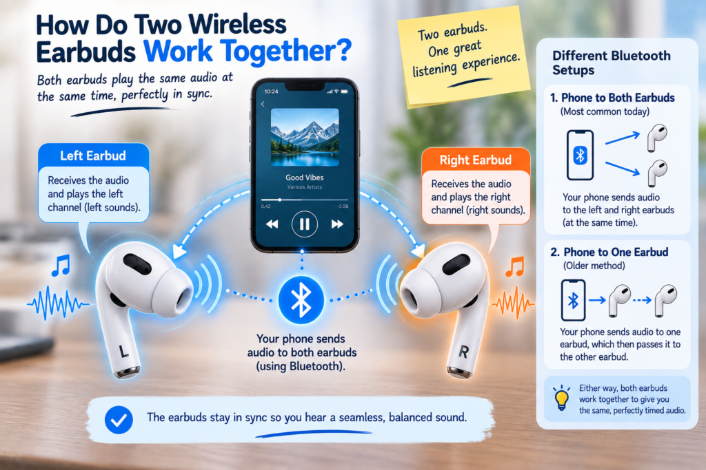 How two wireless earbuds stay synchronized with a phone
