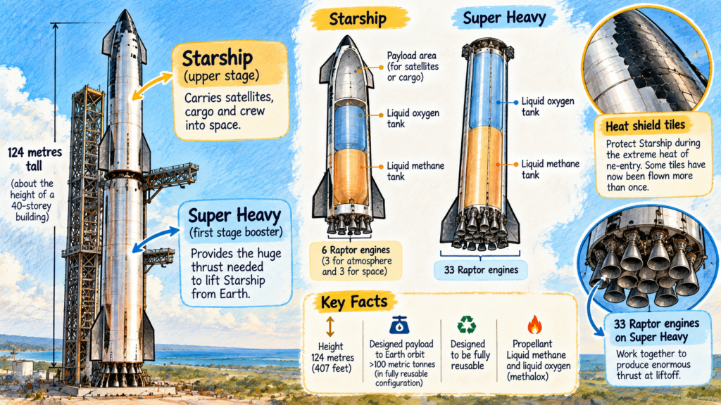 Illustrated diagram showing SpaceX Starship and Super Heavy rocket stages, engines and heat shield