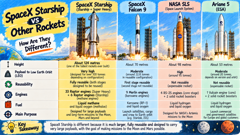Illustrated comparison of SpaceX Starship, Falcon 9, NASA SLS and Ariane 5 rockets