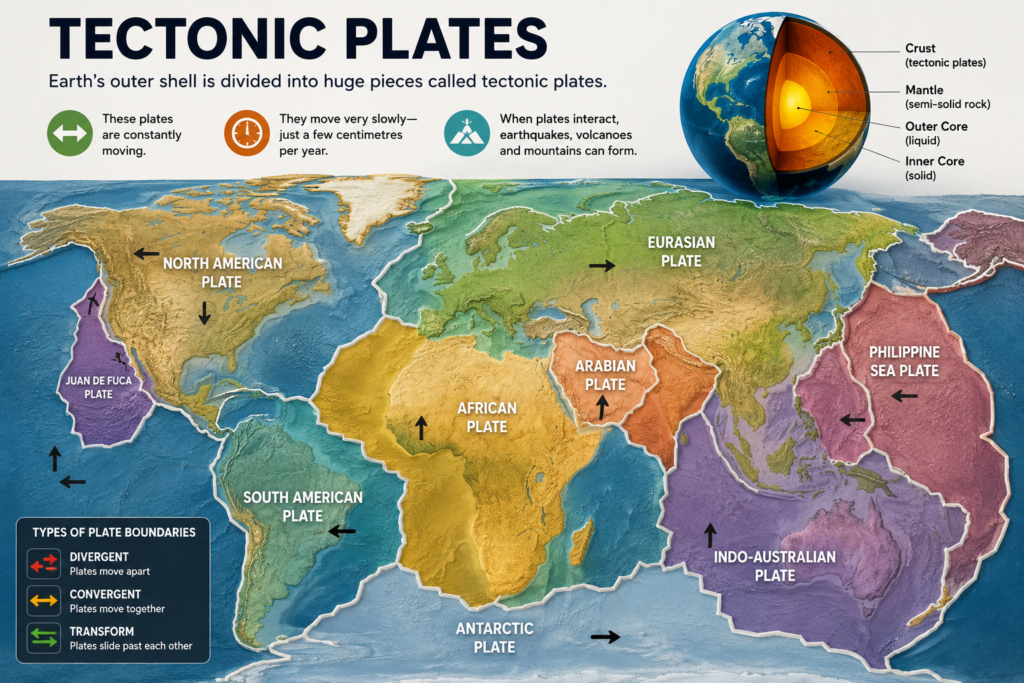 Earth's tectonic plates slowly moving across the surface of the planet