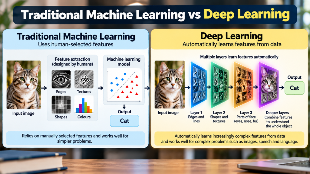Infographic comparing traditional machine learning with deep learning and showing how each approach learns features from data