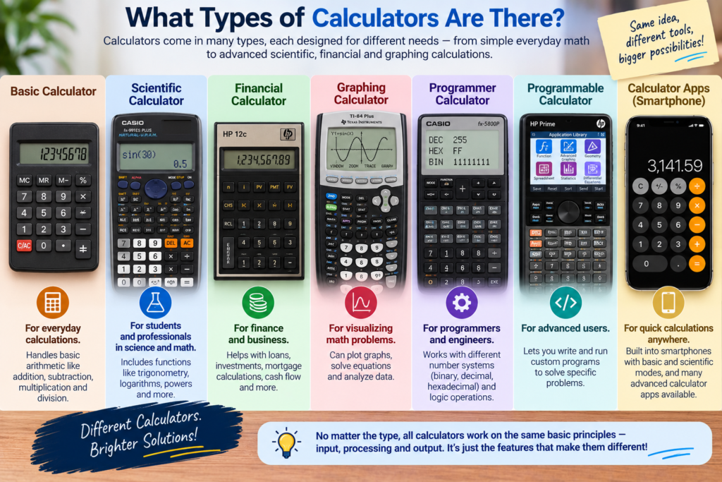 Types of calculators including basic, scientific, financial, graphing, programmer and programmable calculators