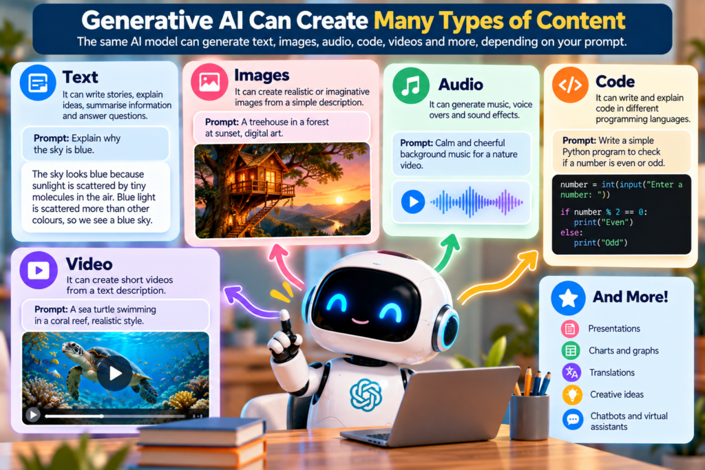 Infographic showing different types of content generative AI can create including text, images, audio, code and video