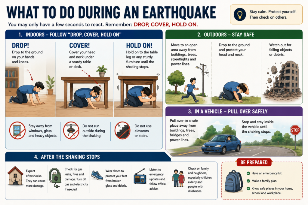 What to do during an earthquake including Drop Cover Hold On and safety tips
