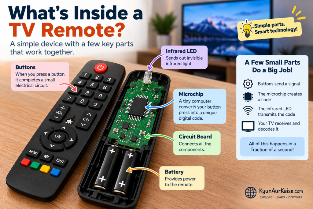 Inside view of a TV remote showing its buttons, microchip, circuit board, infrared LED and batteries