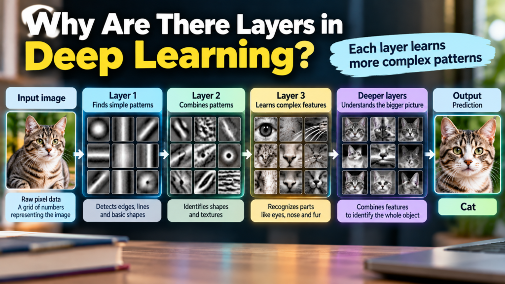 Infographic showing how deep learning layers progress from simple edges and shapes to complex patterns and object recognition