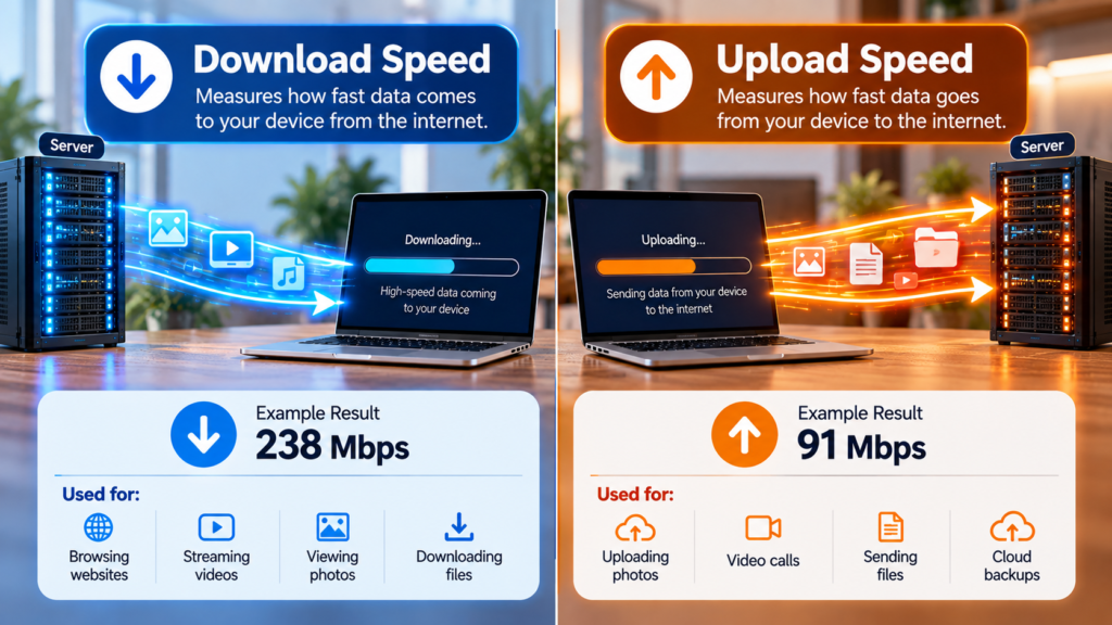Download speed compared with upload speed in an internet speed test