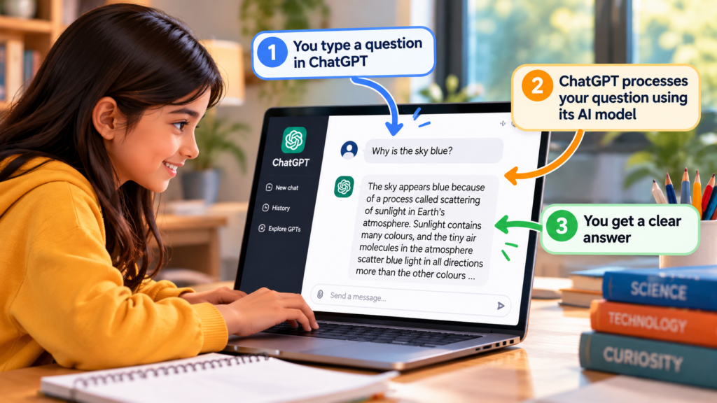 A student using ChatGPT on a laptop to ask a question and receive an answer