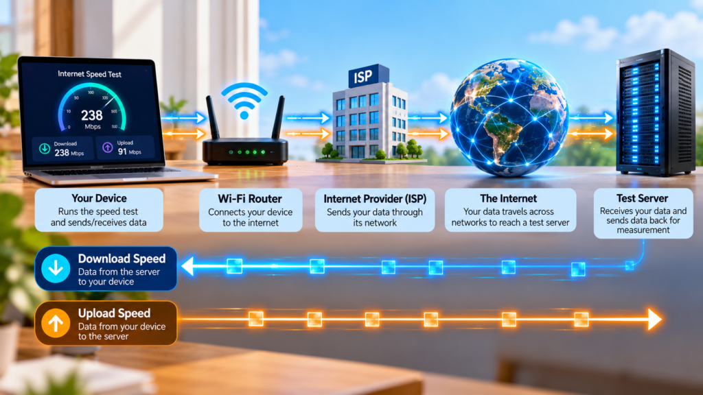 How an internet speed test sends data between your device and a test server