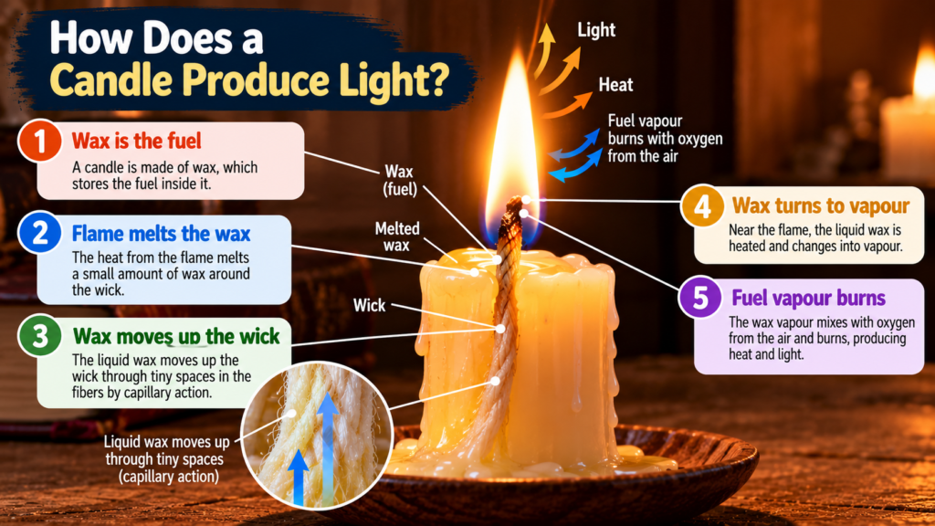 Diagram showing how a candle produces light as melted wax moves up the wick and turns into vapour