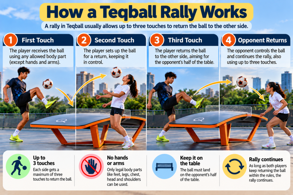Illustration showing how a Teqball rally works with up to three touches