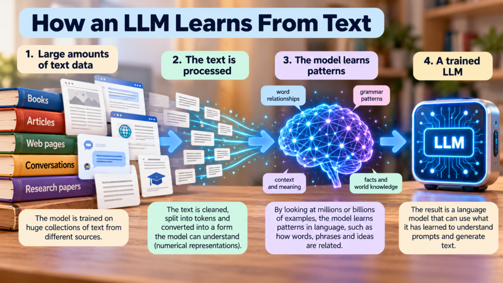 Infographic showing how a large language model learns patterns from text data