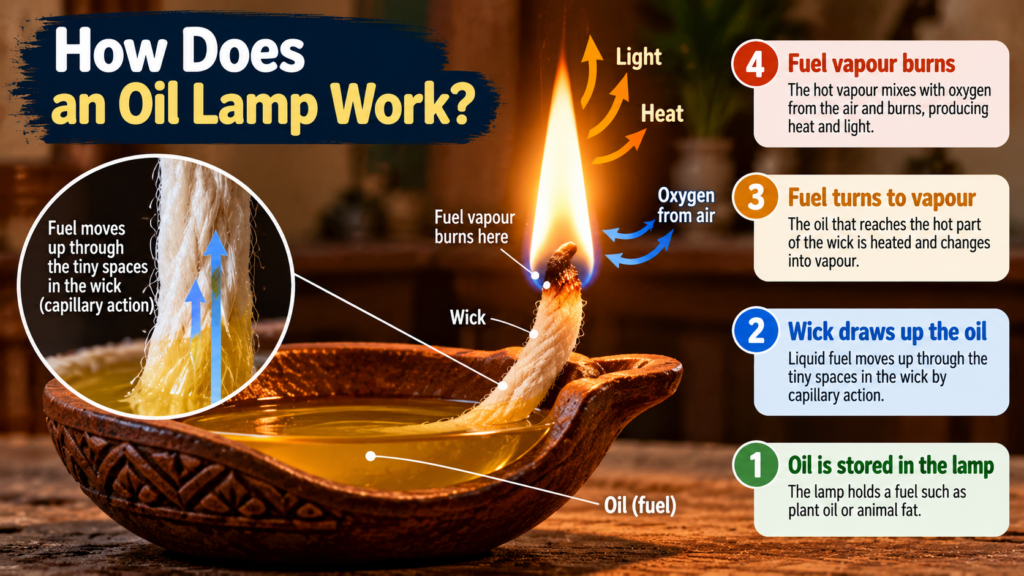 Diagram showing how an oil lamp uses capillary action to move fuel up the wick and produce light