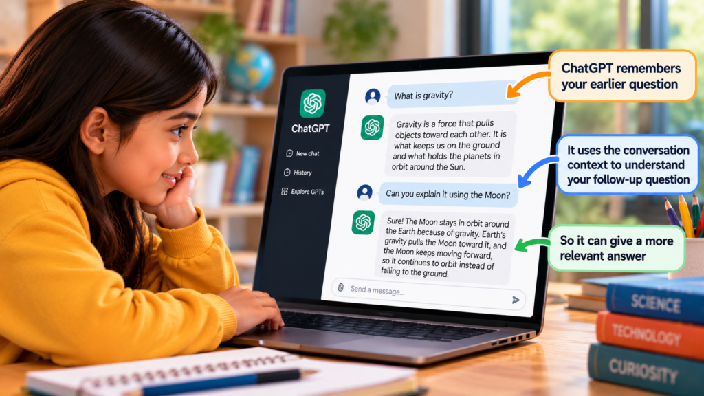 Student viewing a ChatGPT conversation showing how earlier messages help answer a follow-up question about gravity and the Moon