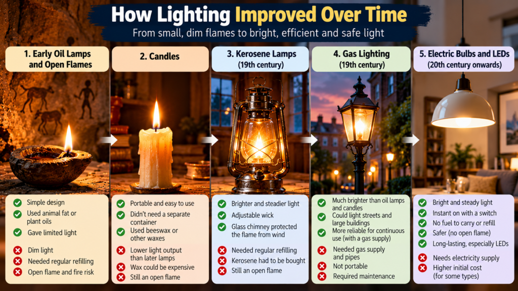 Timeline showing how lighting improved from early oil lamps and candles to kerosene, gas lighting and electric LEDs