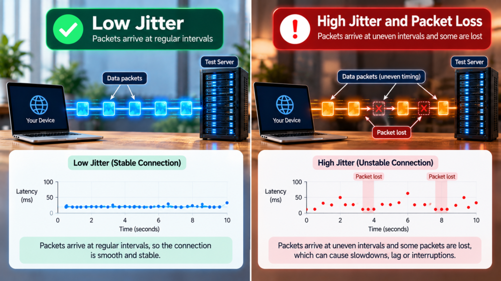 Internet connection showing low jitter compared with high jitter and packet loss