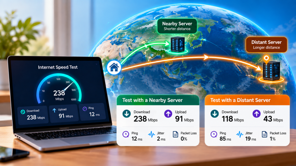 Internet speed test comparing a nearby server with a distant server