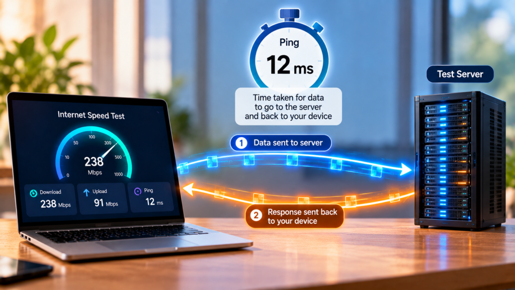 Internet speed test measuring ping between a device and test server