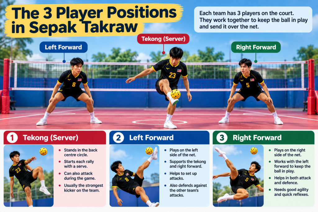 Sepak Takraw player positions showing the Tekong, Left Forward and Right Forward