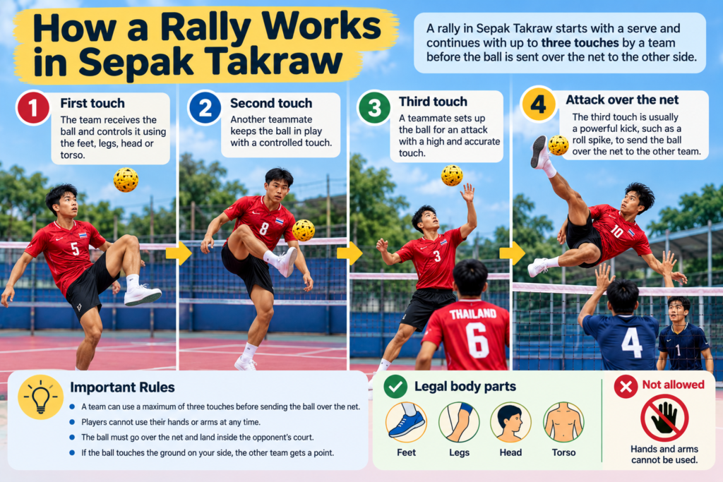 How a Sepak Takraw rally works with up to three touches before the ball crosses the net