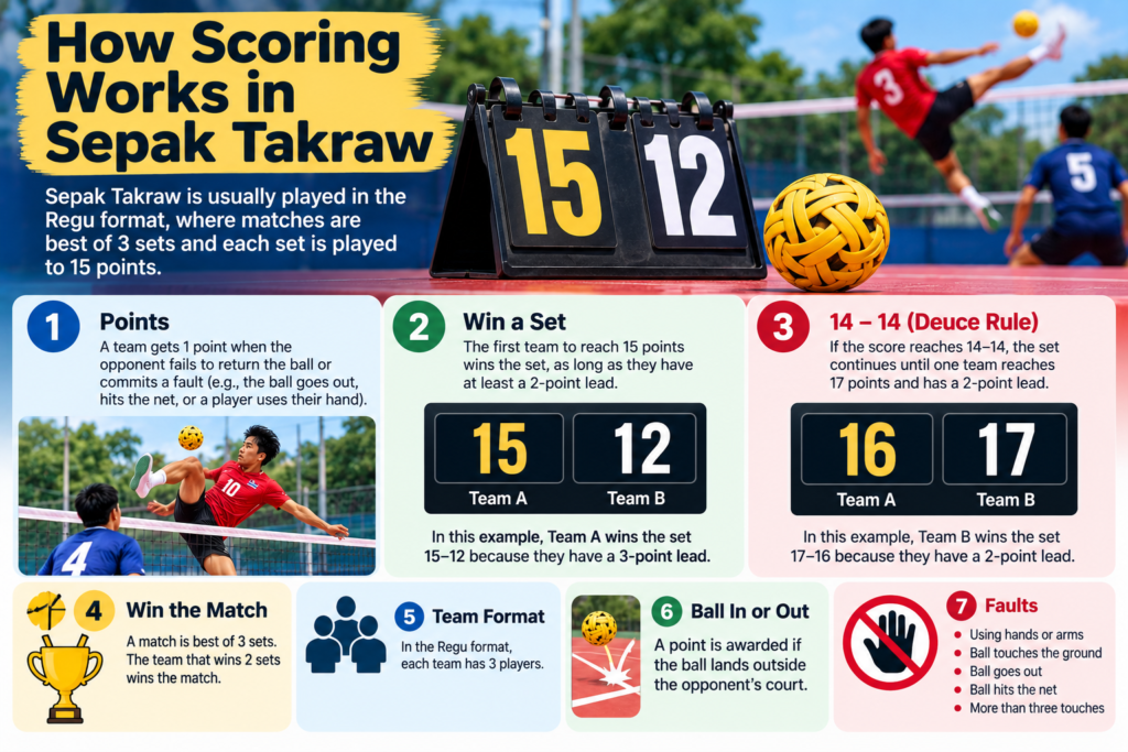 Sepak Takraw scoring rules showing 15 points per set and the 14–14 deuce rule