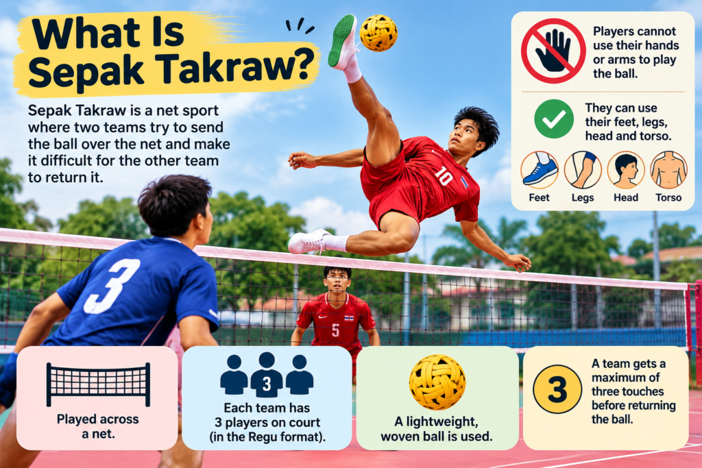 What is Sepak Takraw? Players use their feet, legs, head and torso instead of hands
