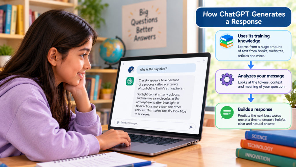 Illustration showing how ChatGPT uses learned patterns and context to generate an answer to a question