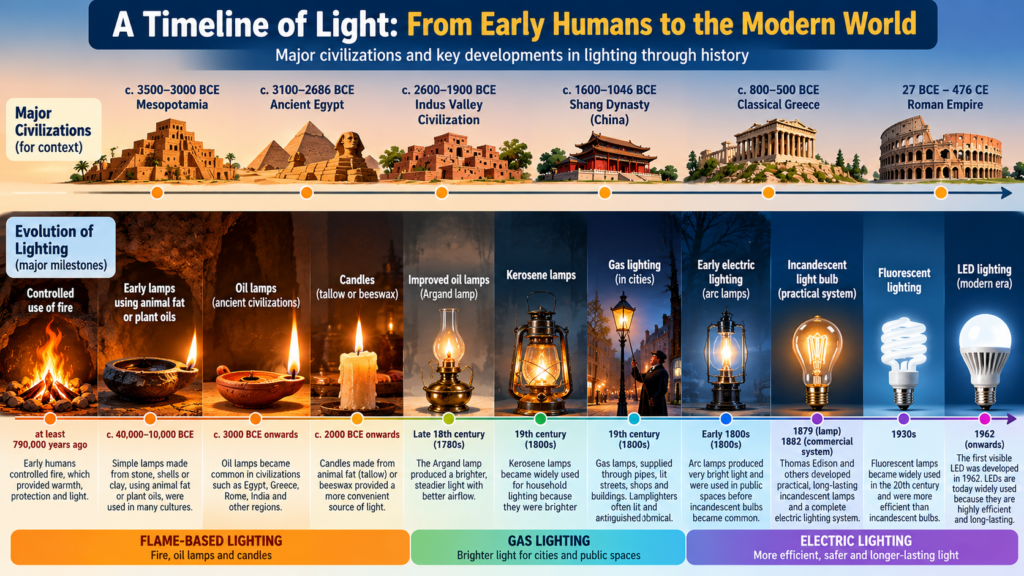 Timeline showing the evolution of lighting from fire and oil lamps to candles, gas lighting, electric bulbs and LEDs