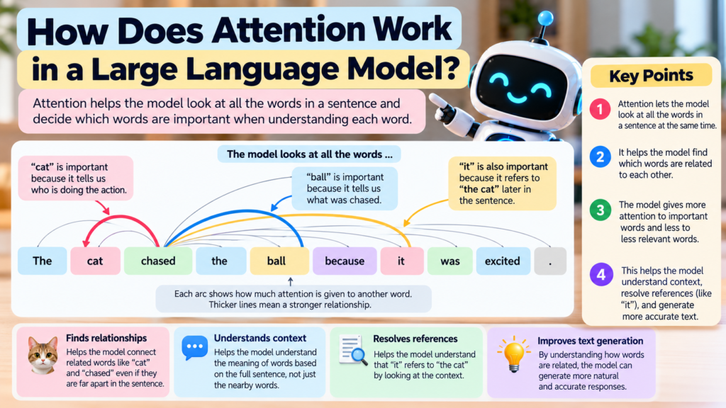 Infographic showing how attention helps an LLM understand relationships between words and context