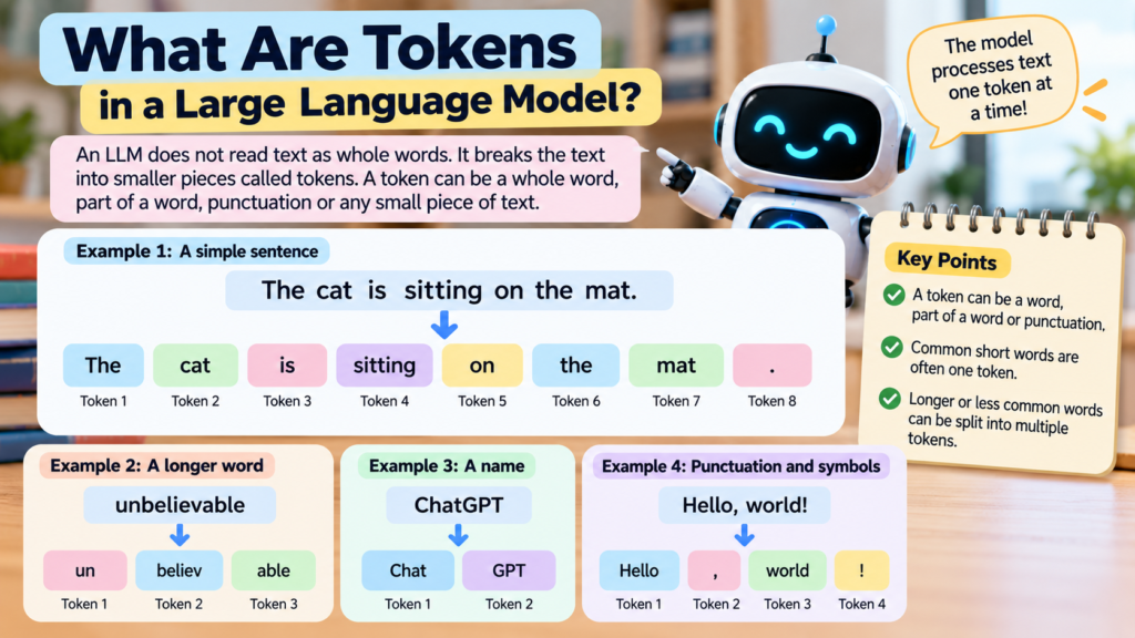 Infographic showing how an LLM breaks text into tokens such as words, word parts and punctuation