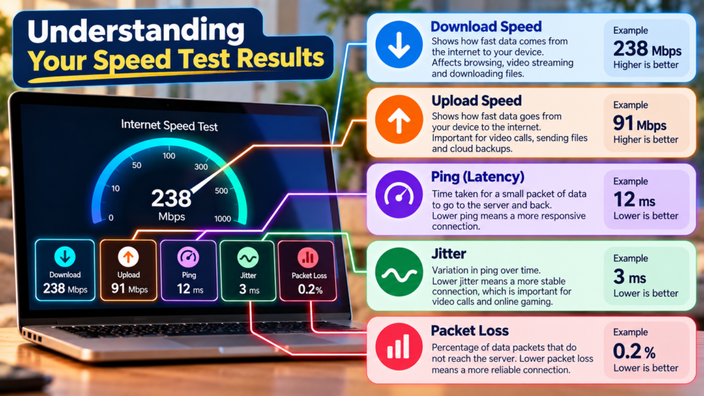 Internet speed test results showing download upload speed ping jitter and packet loss