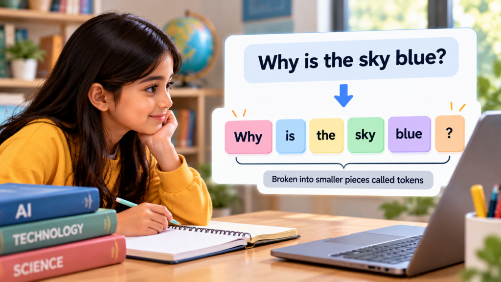 Illustration showing the question “Why is the sky blue?” broken into smaller pieces called tokens