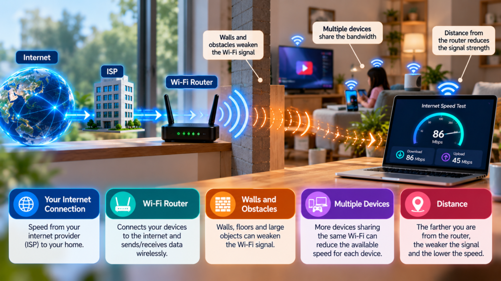 Wi-Fi factors that can reduce internet speed including distance walls and multiple devices